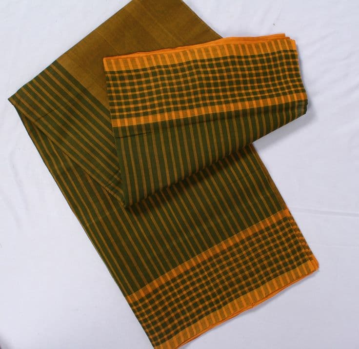 Forest Green & Mustard Striped Peteru Handloom Cotton Saree 2
