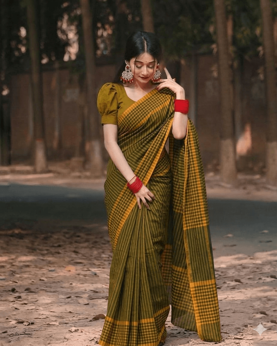 Forest Green & Mustard Striped Peteru Handloom Cotton Saree