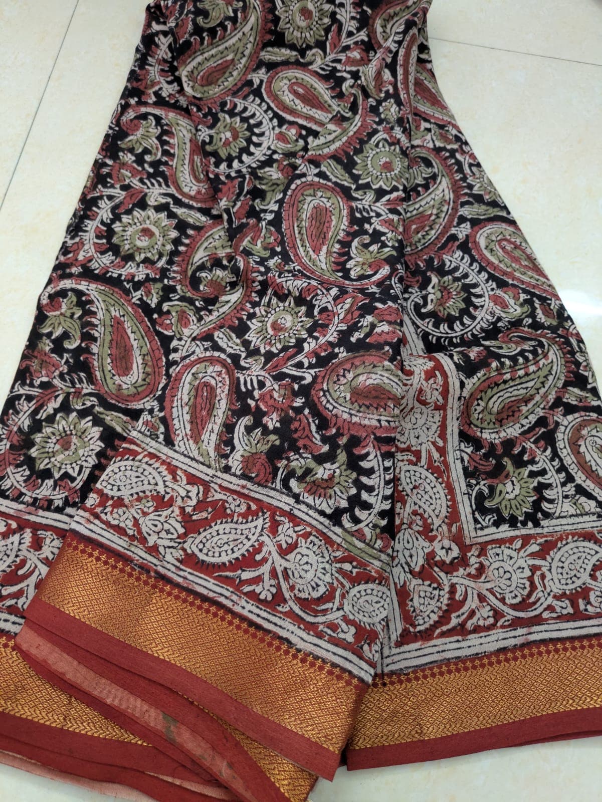 Black Kalamkari Paisley Cotton Saree with Zari Border 2