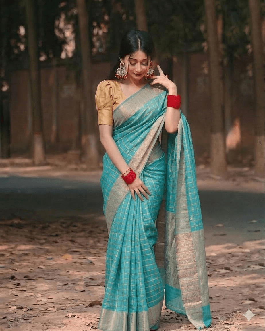 Turquoise Zari Checks Handloom Silk Cotton Saree
