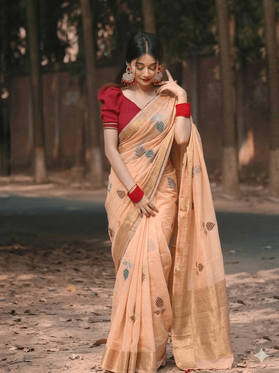 Peach Handloom Silk Cotton Saree with Zari Buttas