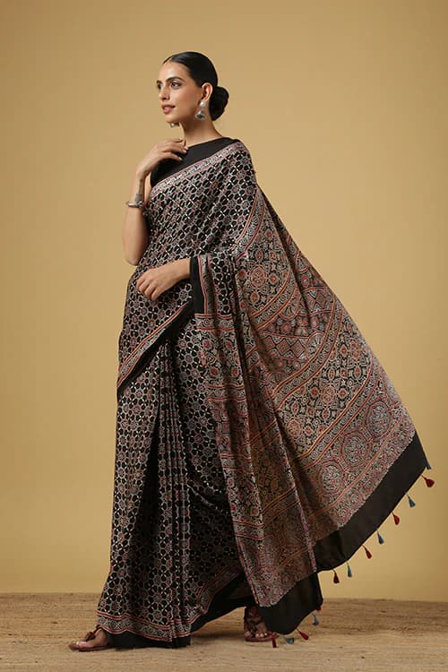 AJRAKH BLACK-RED SAREE