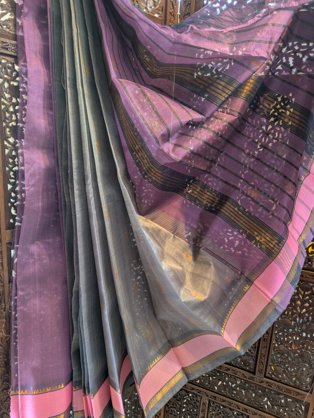 Peturu Silk Cotton Saree – Plum Purple & Ash Grey Contrast 2