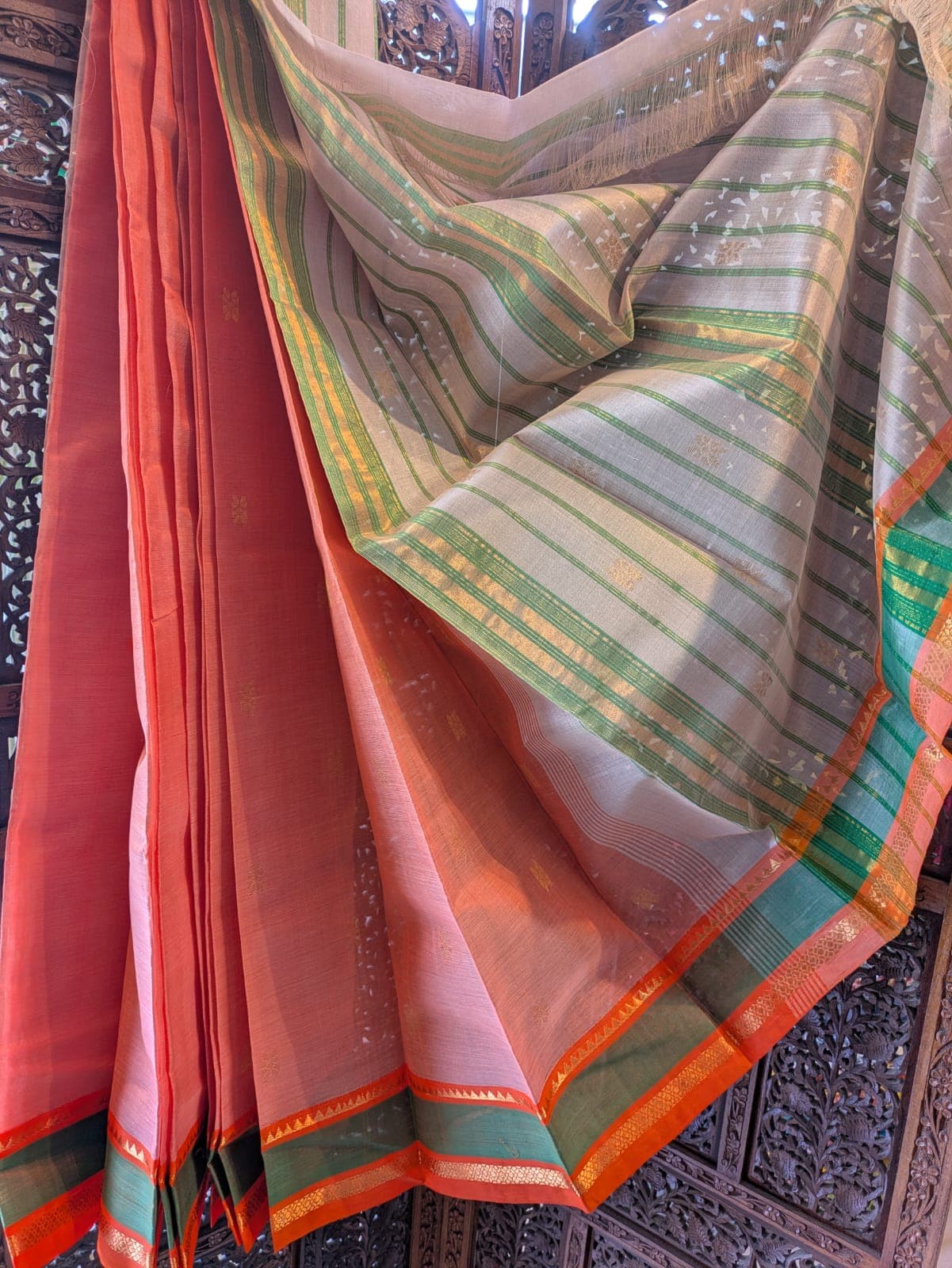 Peturu Silk Cotton Saree – Coral Orange & Off White Festive Contrast 2