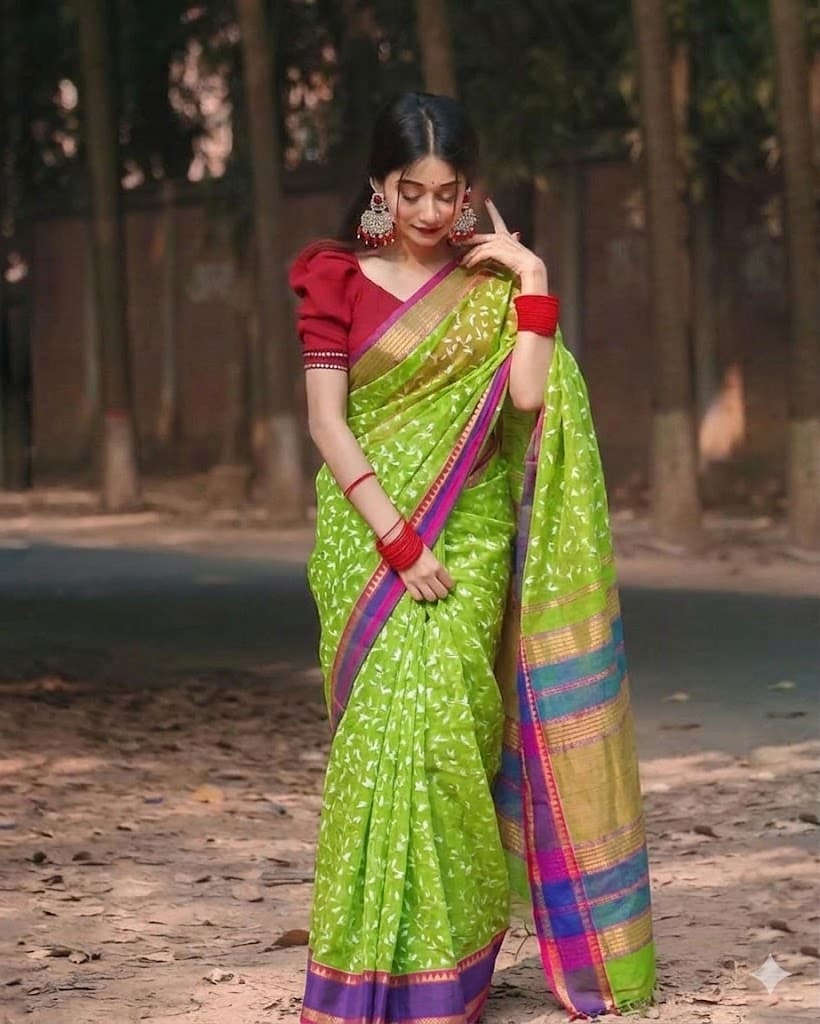 Peturu Silk Cotton Saree – Parrot Green & Taupe Contrast with Purple Border
