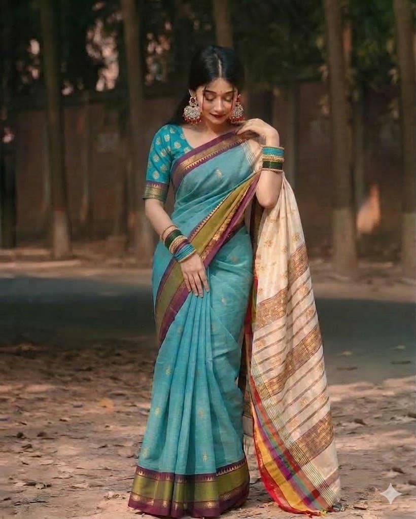 Peturu Silk Cotton Saree – Aqua Blue & Ivory Classic Contrast