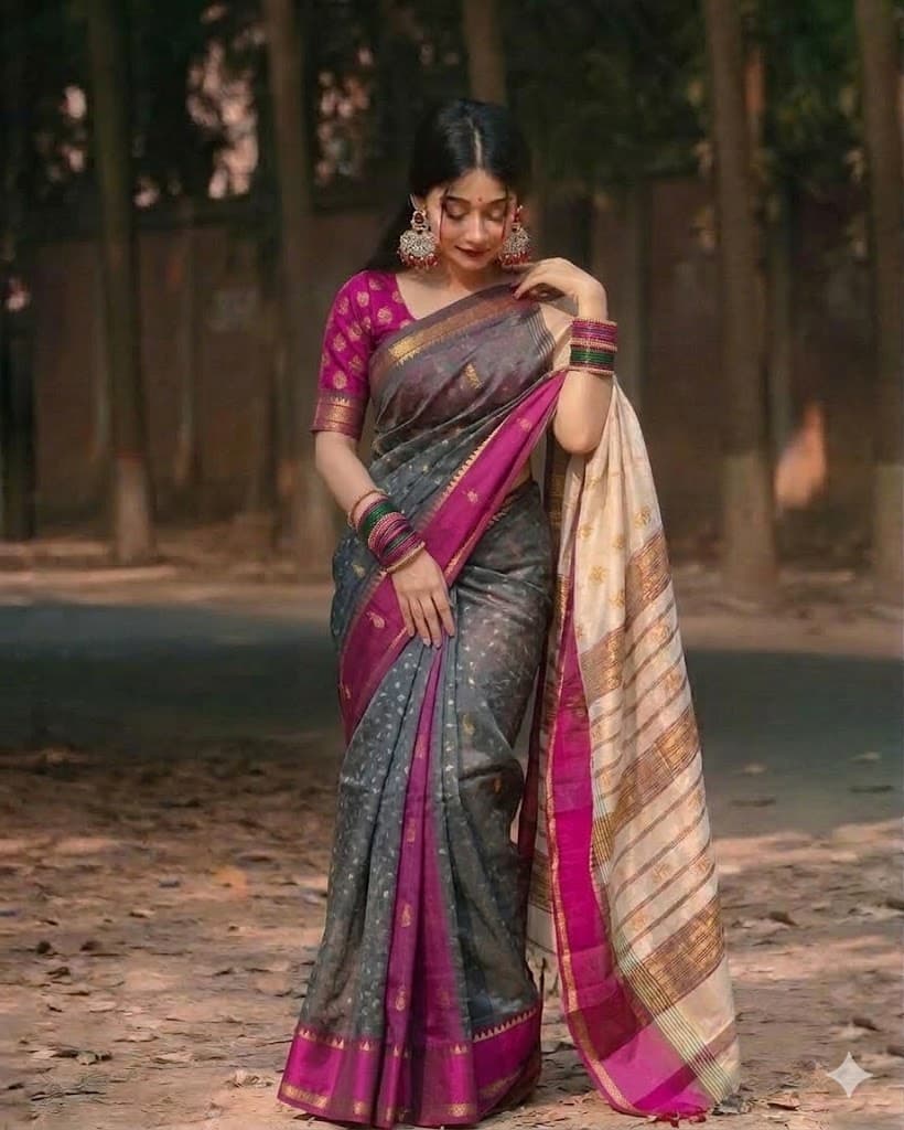 Peturu Silk Cotton Saree – Magenta & Midnight Blue Contrast