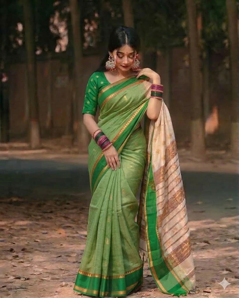 Peturu Silk Cotton Saree – Off White & Emerald Green Festive Contrast