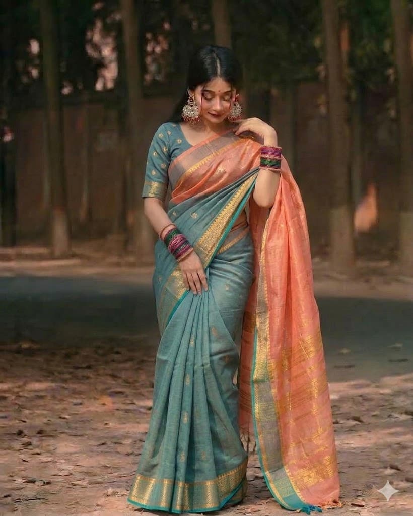 Peturu Silk Cotton Saree – Coral & Teal Dual Tone Elegance