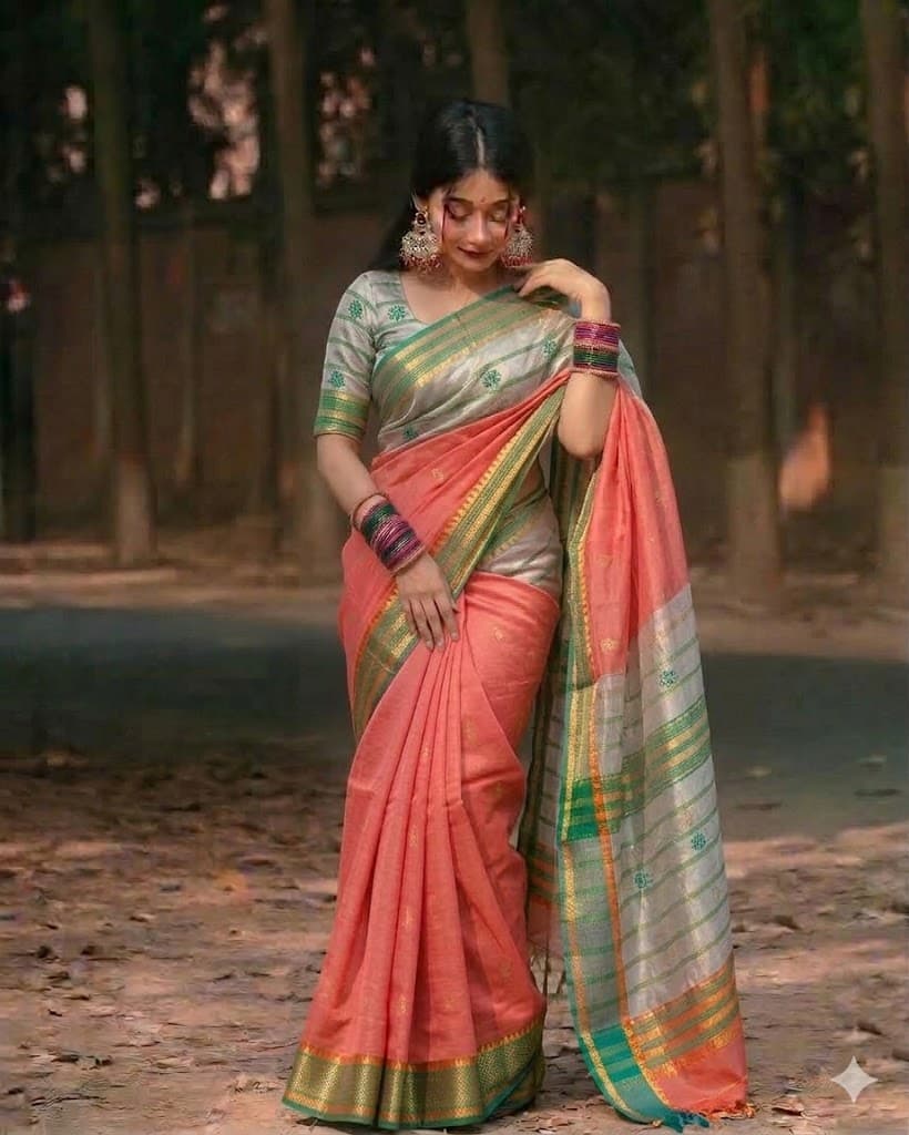 Peturu Silk Cotton Saree – Coral Orange & Off White Festive Contrast