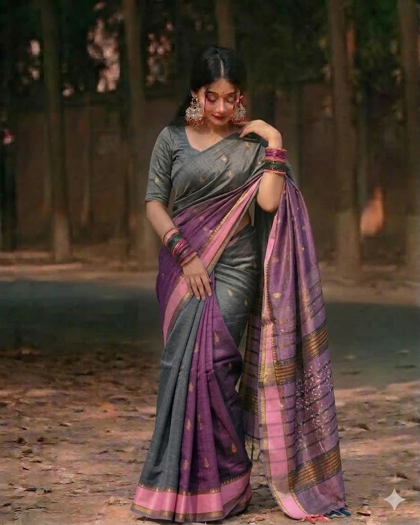 Peturu Silk Cotton Saree – Plum Purple & Ash Grey Contrast