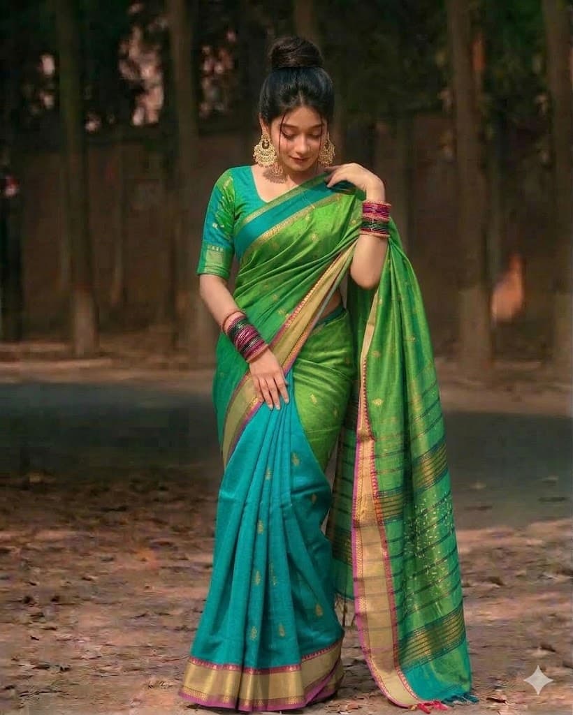 Peturu Silk Cotton Saree – Aqua Blue & Parrot Green Contrast