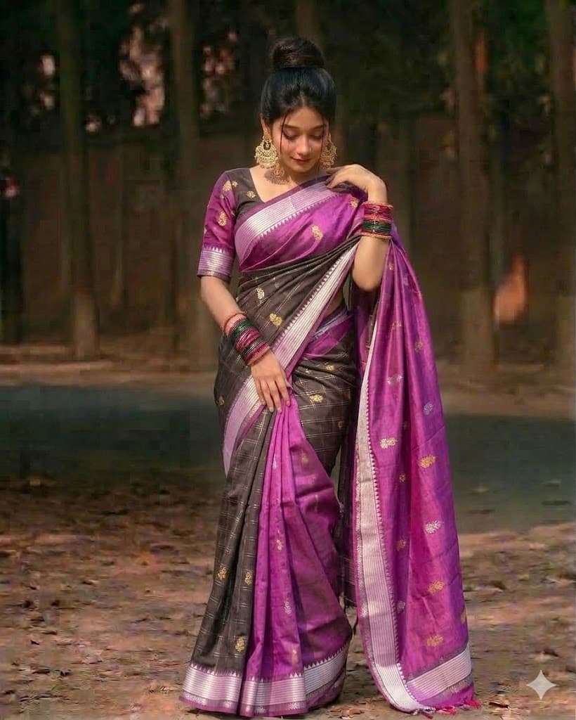 Peturu Silk Cotton Saree – Wine Purple & Charcoal Contrast Elegance