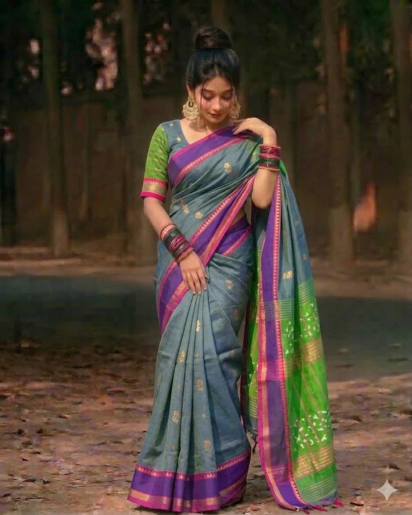 Peturu Silk Cotton Saree – Lime Green & Steel Blue Contrast Weave