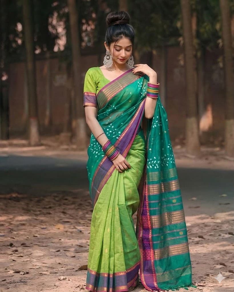Peturu Silk Cotton Saree – Fresh Lime Green & Lavender Contrast