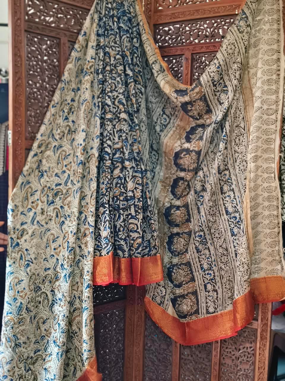 kalamkari block print on  mangalagiri saree